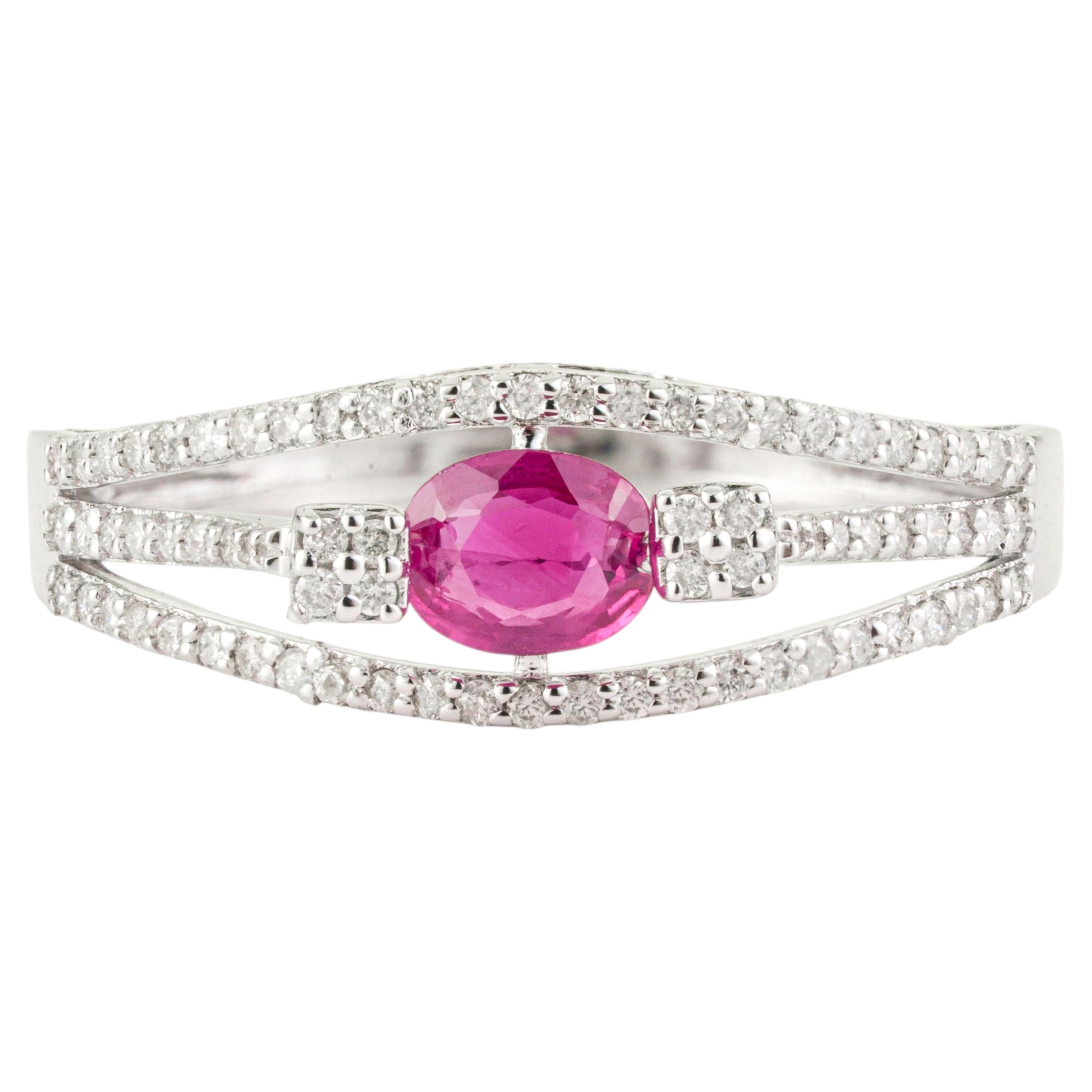 For Sale:  Natural Oval Cut Ruby & Diamond Split Shank Bypass Ring in 14K White Gold, USA