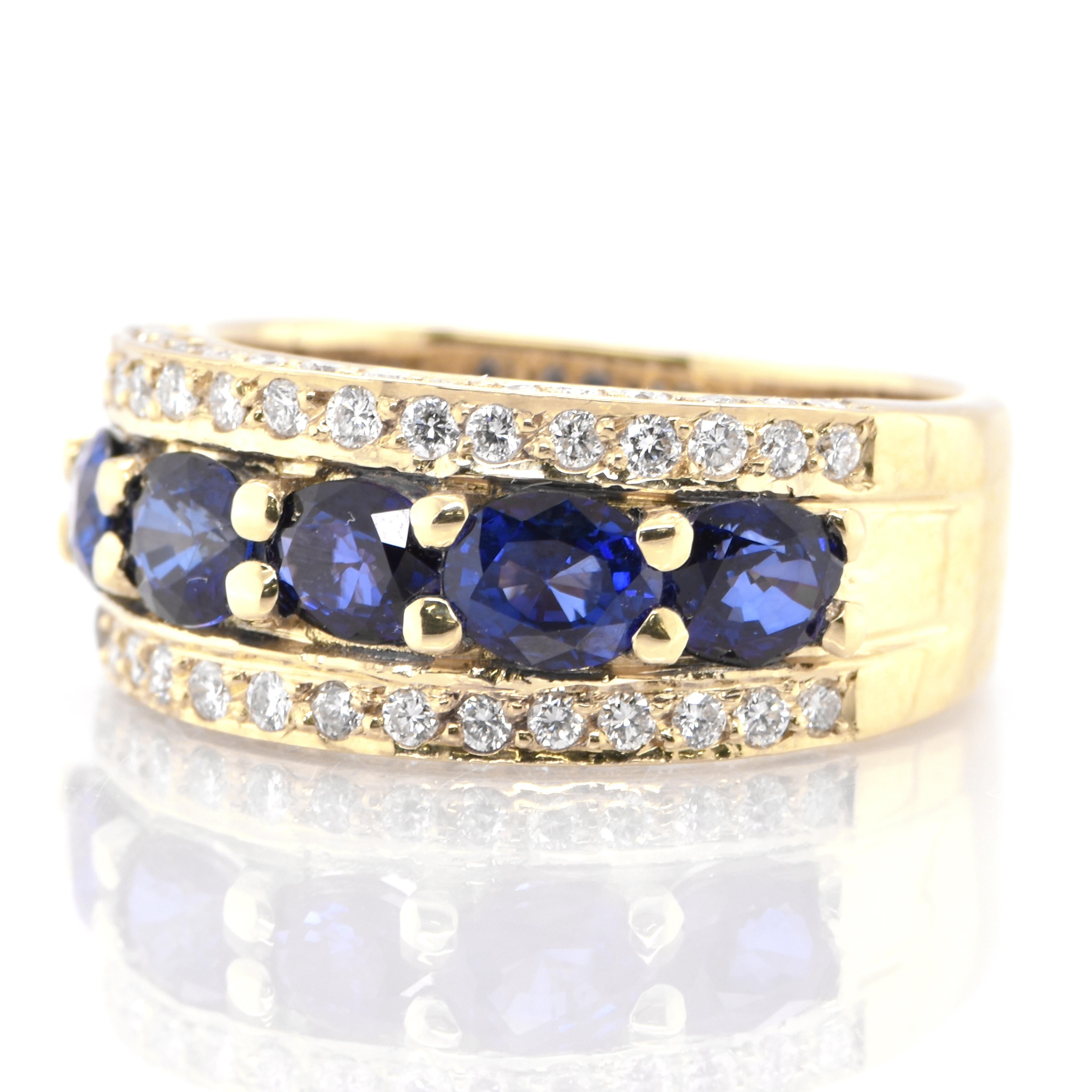 A beautiful half eternity band ring featuring Natural Oval Cut Sapphires and Diamond Accents set in 18K Yellow Gold. Sapphires have extraordinary durability - they excel in hardness as well as toughness and durability making them very popular in