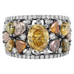 Natural Oval cut Yellow Diamond with Fancy Color Diamonds Ring in 18K Gold