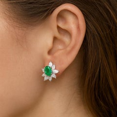 Natural Oval Cut Zambian Emerald Diamond Halo Stud Earrings 14 Karat White Gold