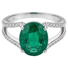 Natural Oval Emerald and Diamond Ring in 18K White Gold