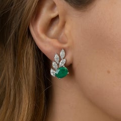 Natural Oval Emerald and Marquise Diamond Cluster Stud Earrings 18k White Gold