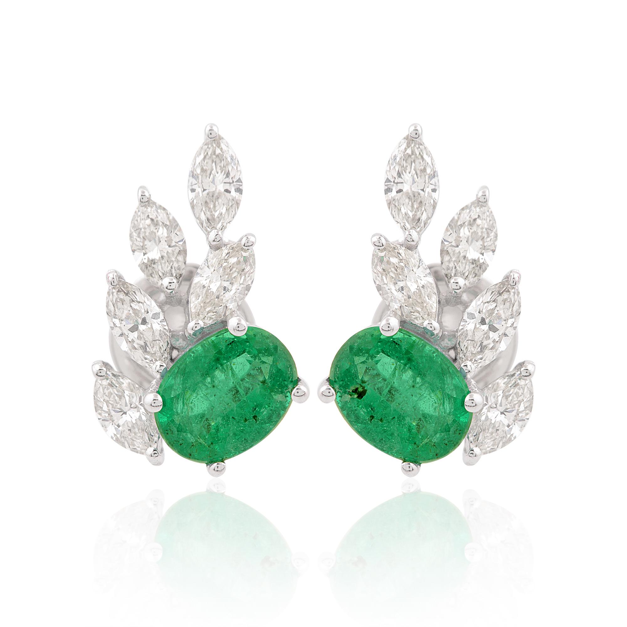 Natürlicher ovaler Smaragd und Marquise Diamant-Cluster-Ohrstecker 18k Weißgold im Angebot 2
