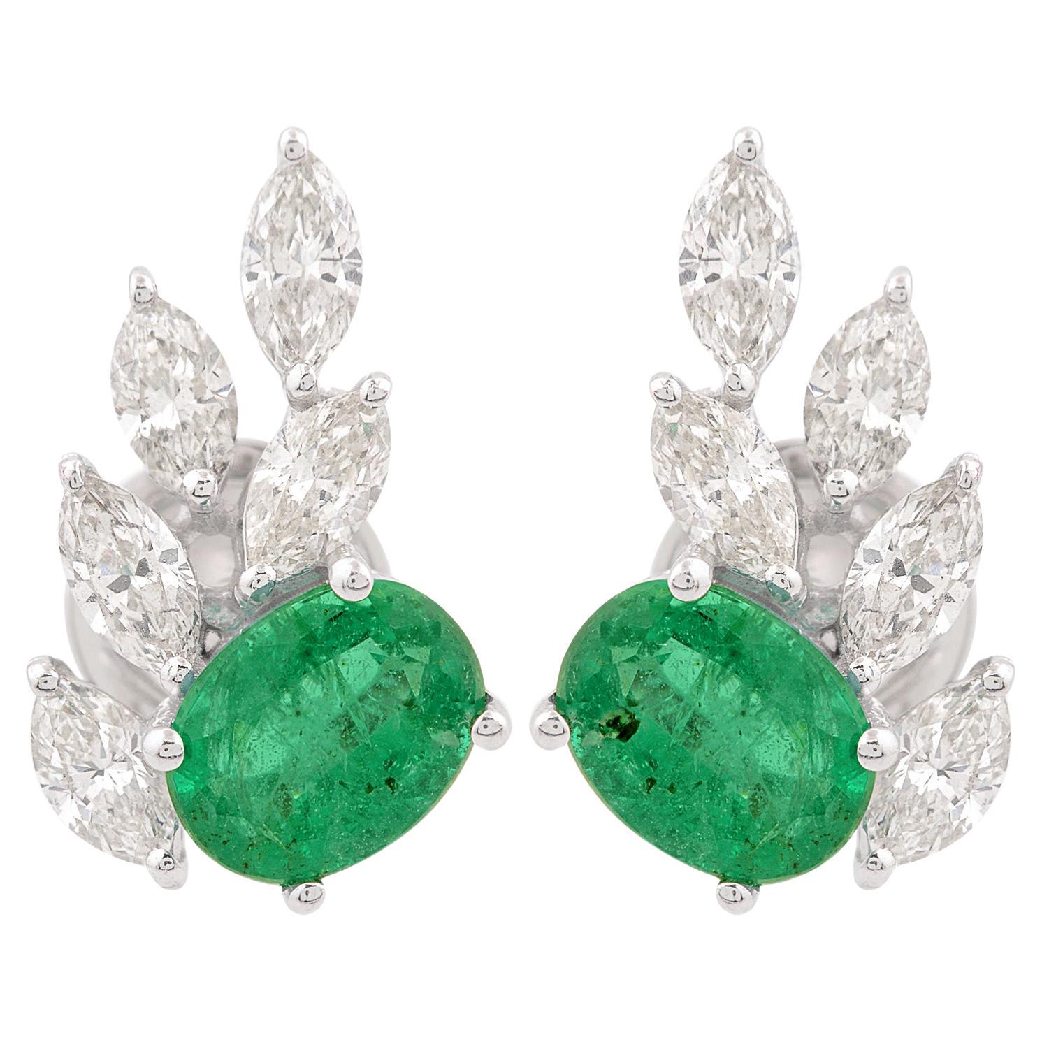 Natural Oval Emerald and Marquise Diamond Cluster Stud Earrings 18k White Gold For Sale