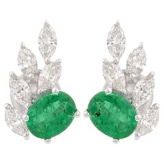 Natural Oval Emerald and Marquise Diamond Cluster Stud Earrings 18k White Gold