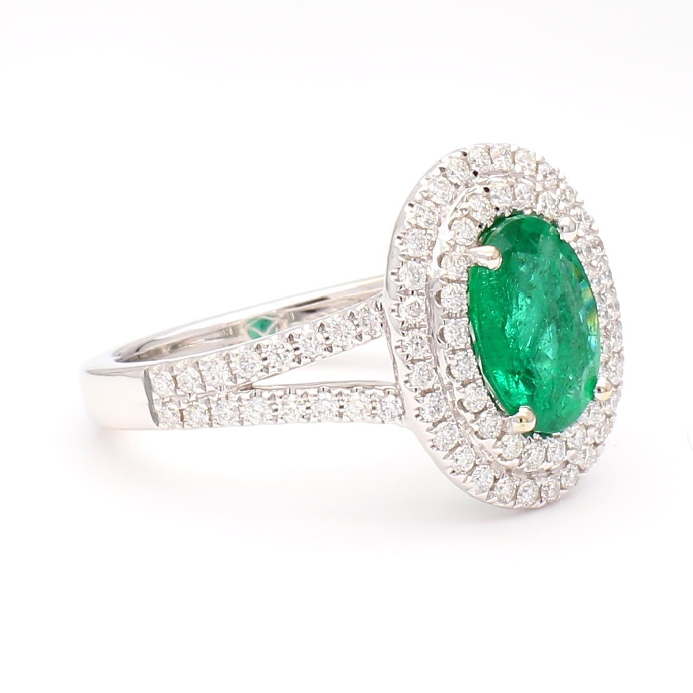 Oval Cut Natural Oval Emerald and White Diamond 2.18 Carat TW Gold Cocktail Ring For Sale