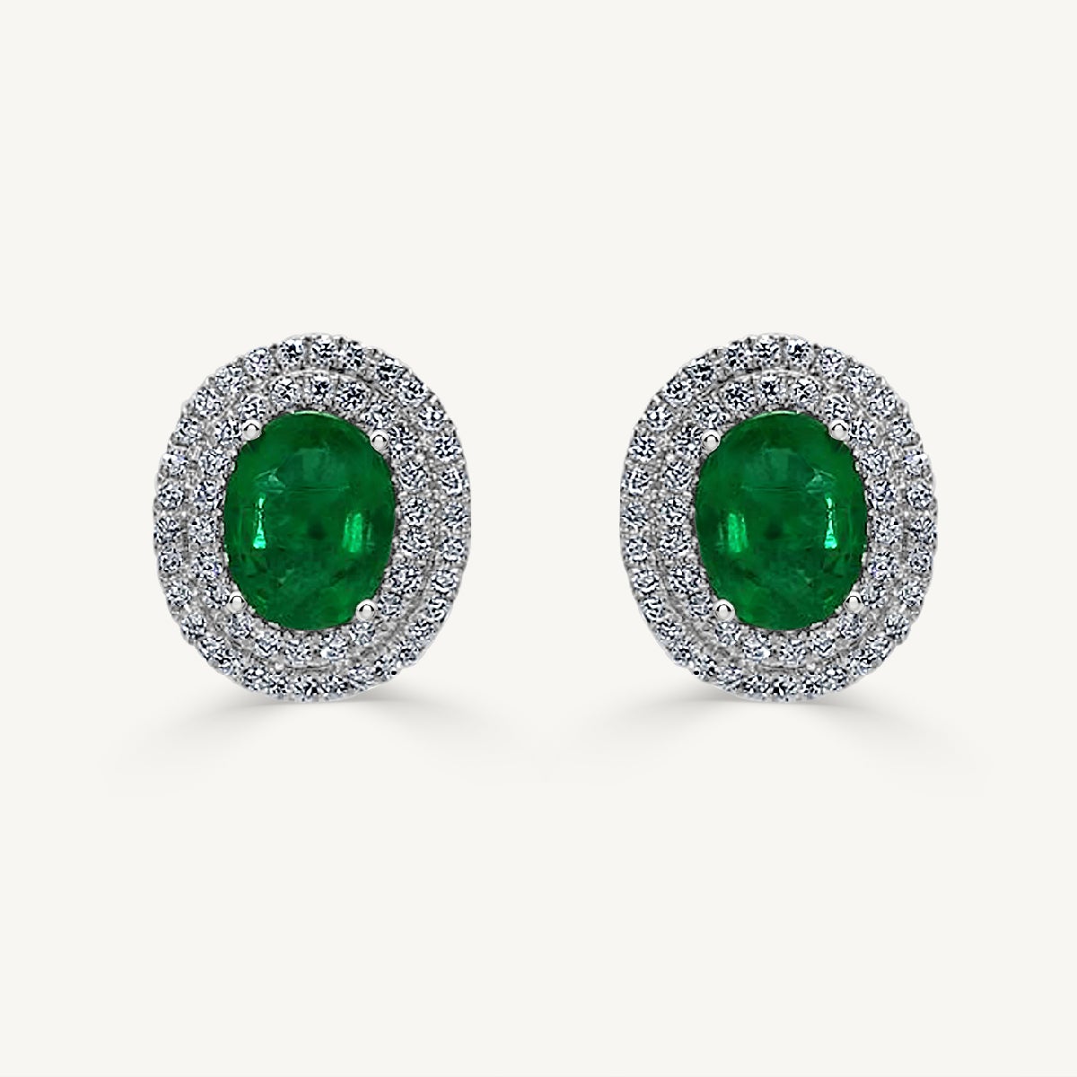 Natural Oval Emerald and White Diamond 2.54 Carat TW White Gold Stud Earrings