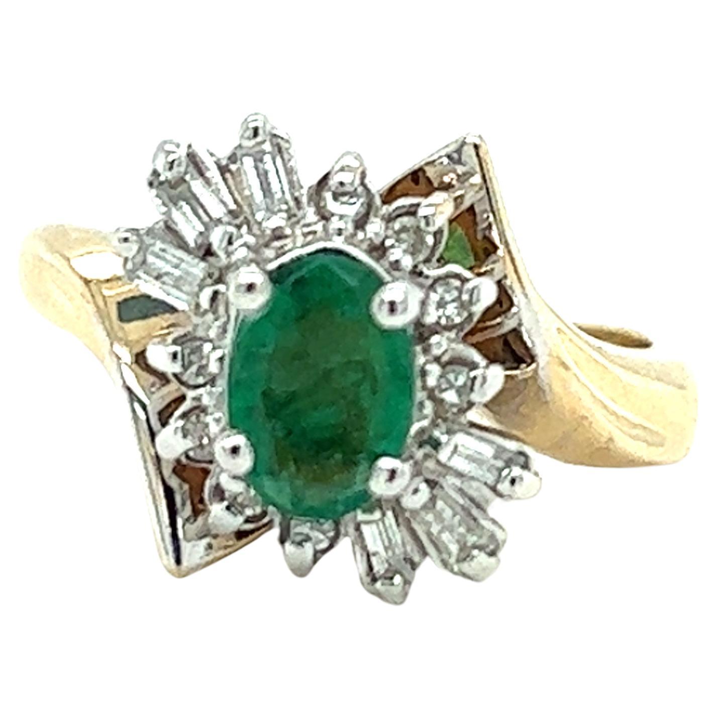 Natural Oval Emerald & Diamond Bypass Design Ring in 14K Gold 