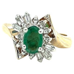 Vintage Natural Oval Emerald & Diamond Bypass Design Ring in 14K Gold 