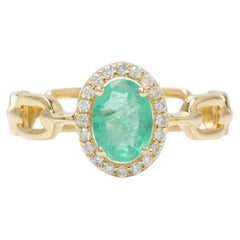 Natural Oval Emerald Diamond Chain Link Ring in 14K Solid Gold (Certified)