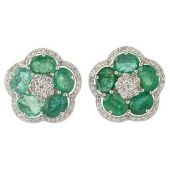 Natural Oval Emerald & Diamond Flower Earrings in 14k Solid Gold (Certified)