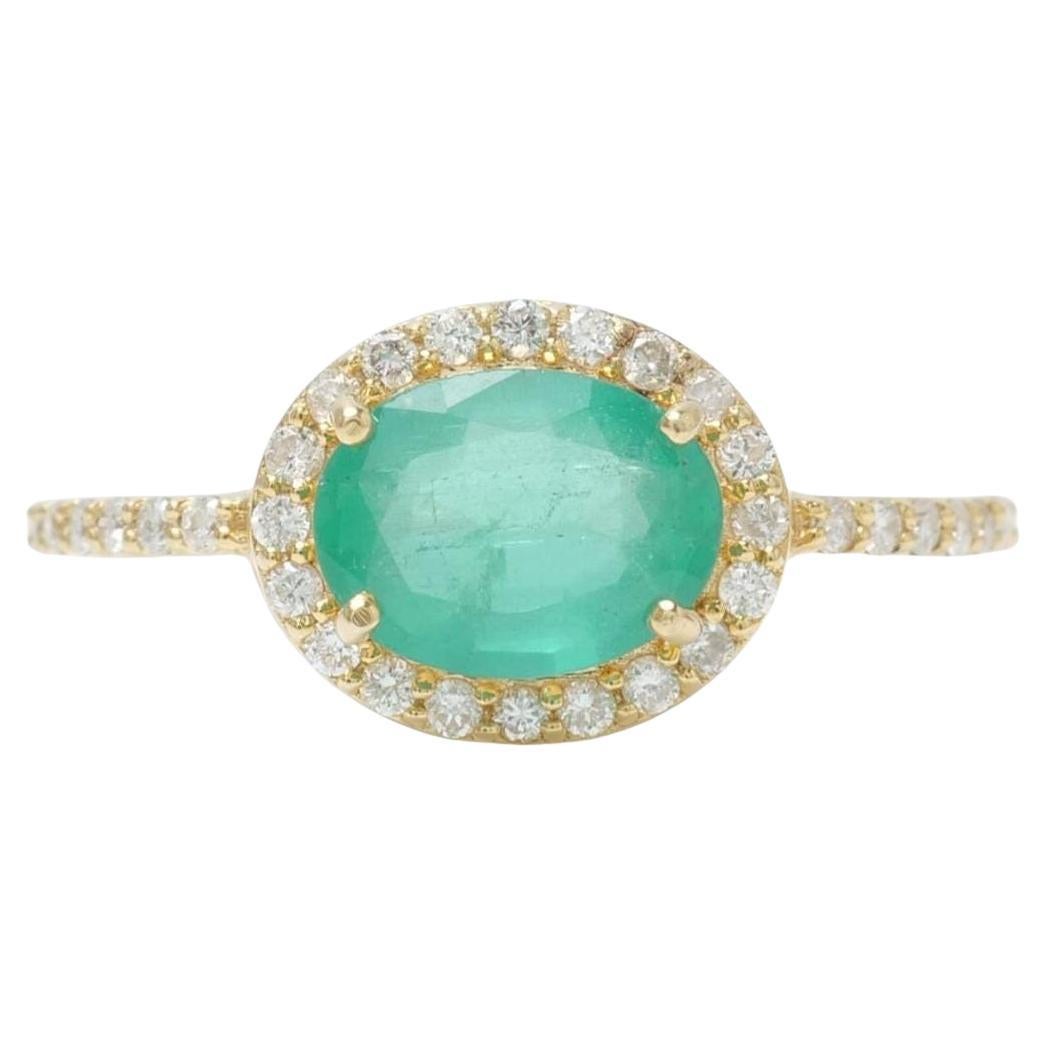 Natural Oval Emerald Diamond Halo Gemstone Ring in 14K Solid Gold (Certified)