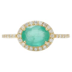 Natural Oval Emerald Diamond Halo Gemstone Ring in 14K Solid Gold (Certified)