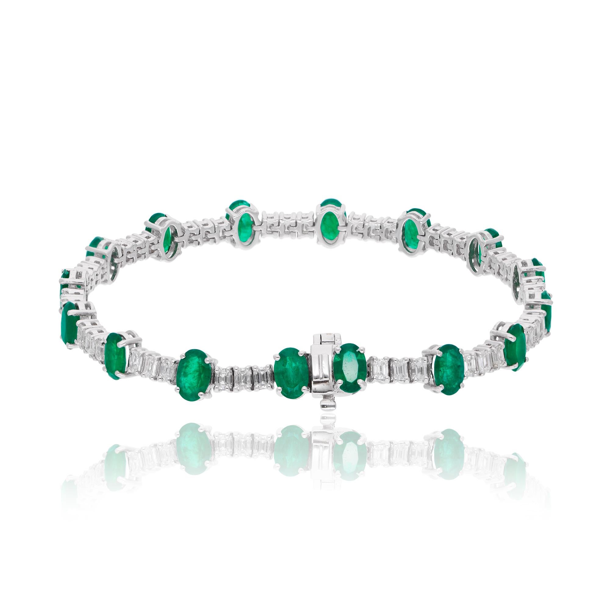 Modern Natural Oval Emerald Gemstone Bracelet Emerald Cut Diamond 14 Karat White Gold For Sale