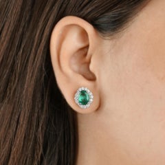 Natural Oval Cut Emerald Gemstone & Diamond Halo Studs 18K White Gold Earrings