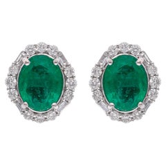 Natural Oval Cut Emerald Gemstone & Diamond Halo Studs 18K White Gold Earrings