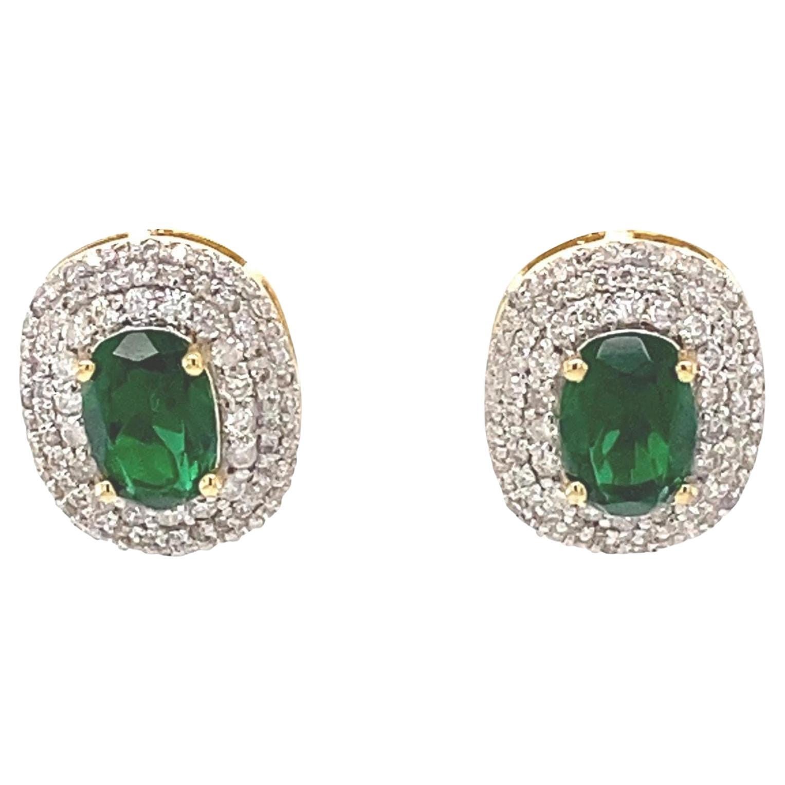 Natural Oval Emerald Halo Diamond Stud Earrings in 14K Solid Gold (Certified)