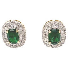 Natural Oval Emerald Halo Diamond Stud Earrings in 14K Solid Gold (Certified)