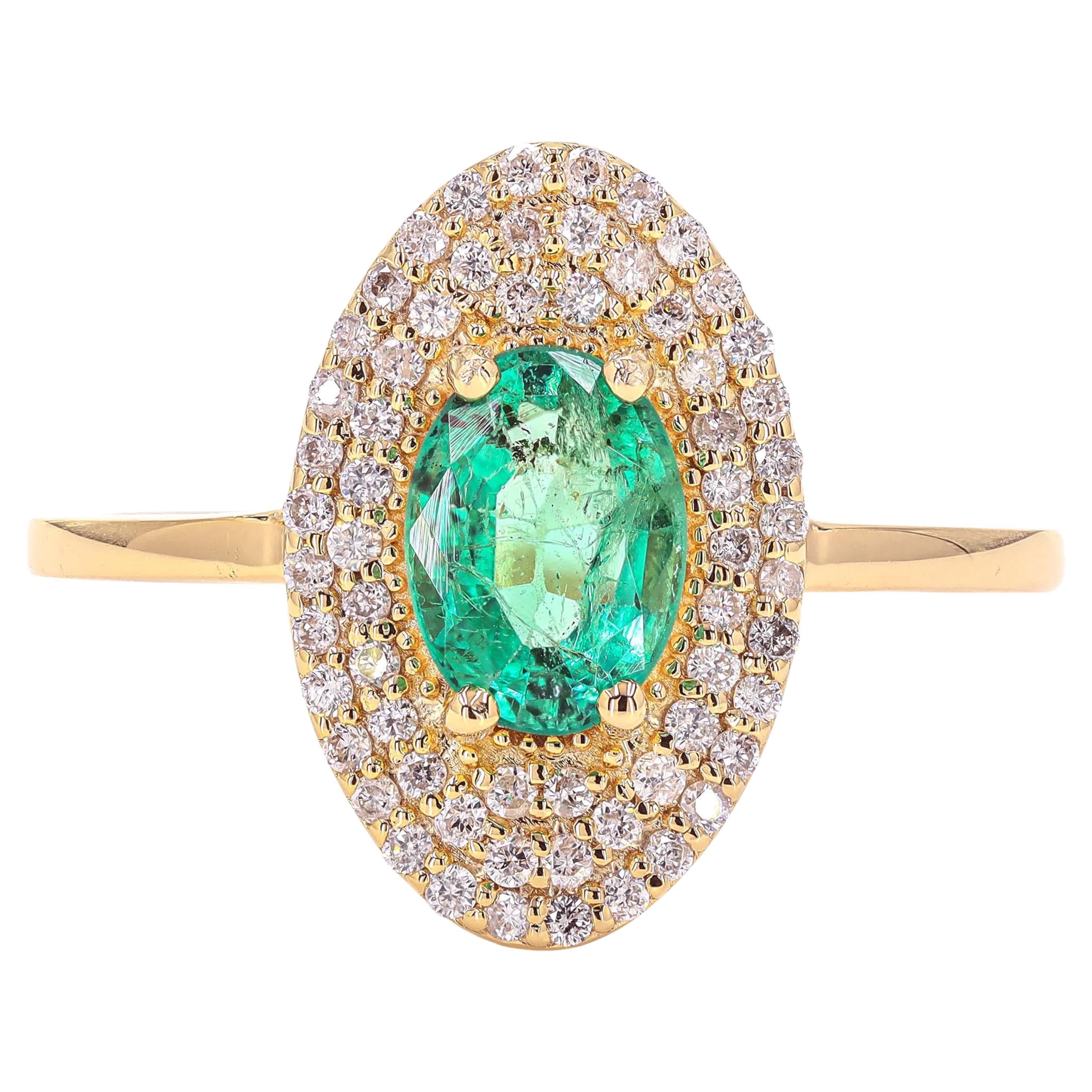 Natural Oval Emerald Halo Natural Diamond Ring in 14K Solid Gold (Certified)