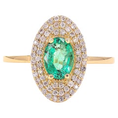 Natural Oval Emerald Halo Natural Diamond Ring in 14K Solid Gold (Certified)