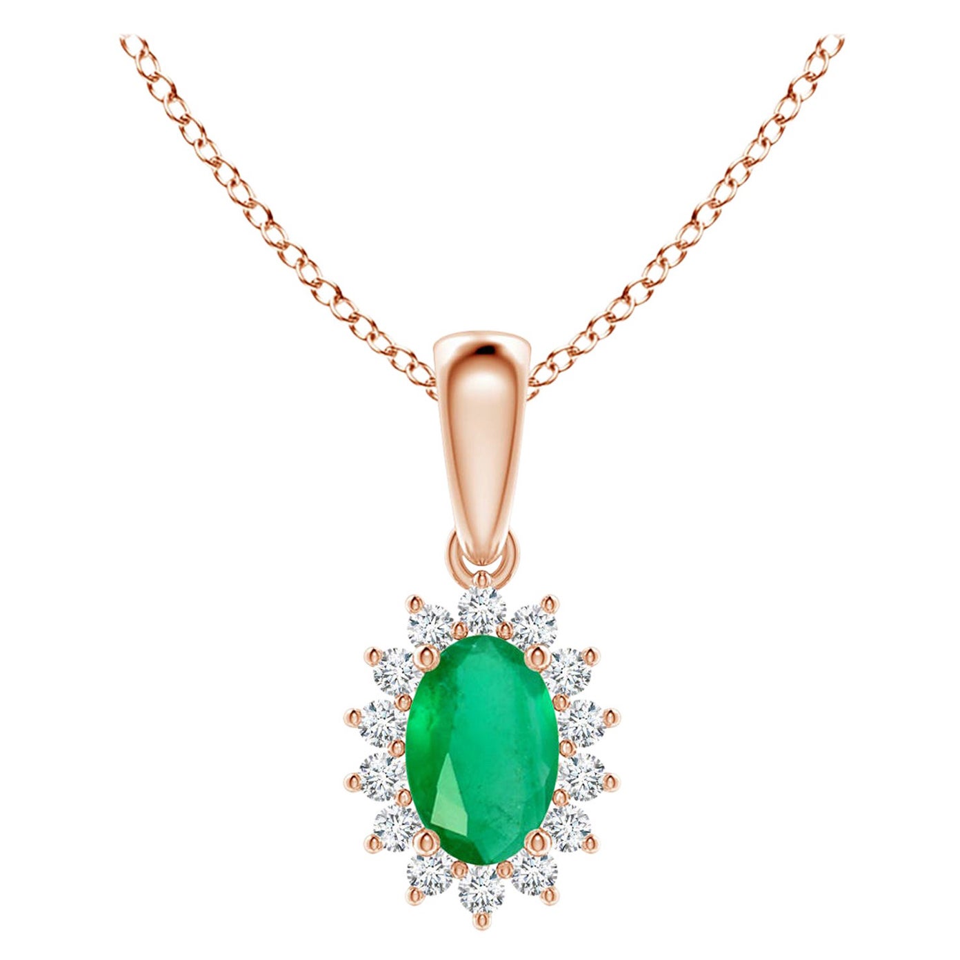 Ciondolo con smeraldo ovale naturale e diamante aureolato in oro rosa 14K in vendita