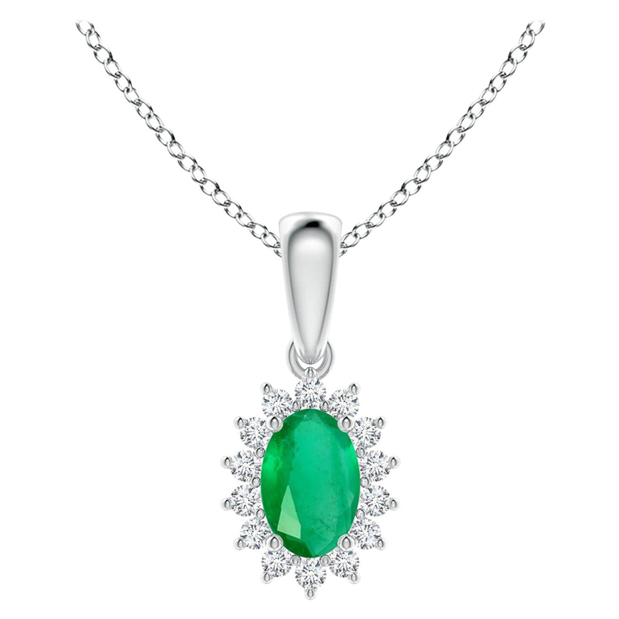 Colgante de Esmeralda Oval Natural con Halo de Diamantes en Platino