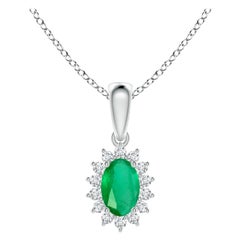 Natural Oval Emerald Pendant with Diamond Halo in Platinum