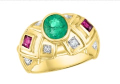 Anillo de oro amarillo de 18 quilates con esmeralda ovalada natural, turmalina rosa y diamantes