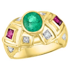 Natural Oval Emerald, Pink Tourmaline & Diamond Ring 18 Karat Yellow Gold
