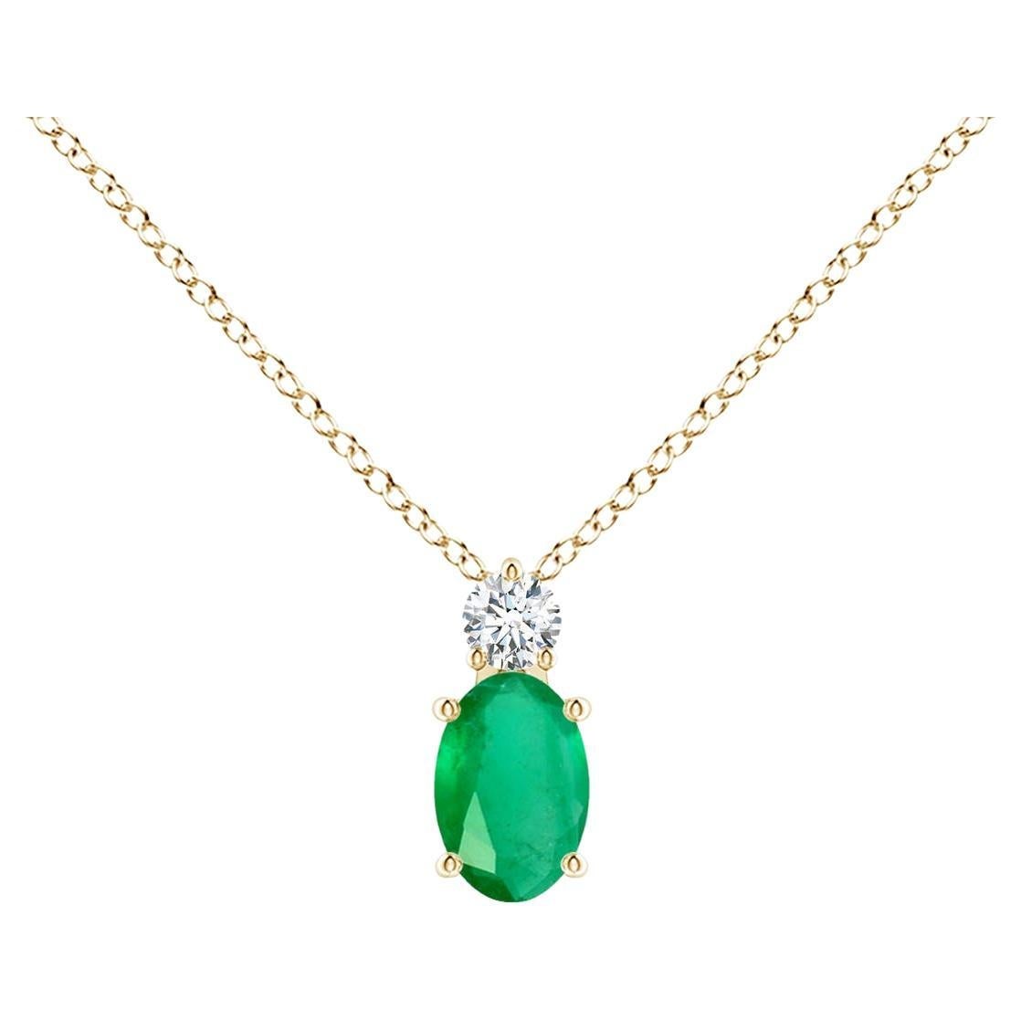 Natural Oval Emerald Solitaire Pendant with Diamond in 14K Yellow Gold