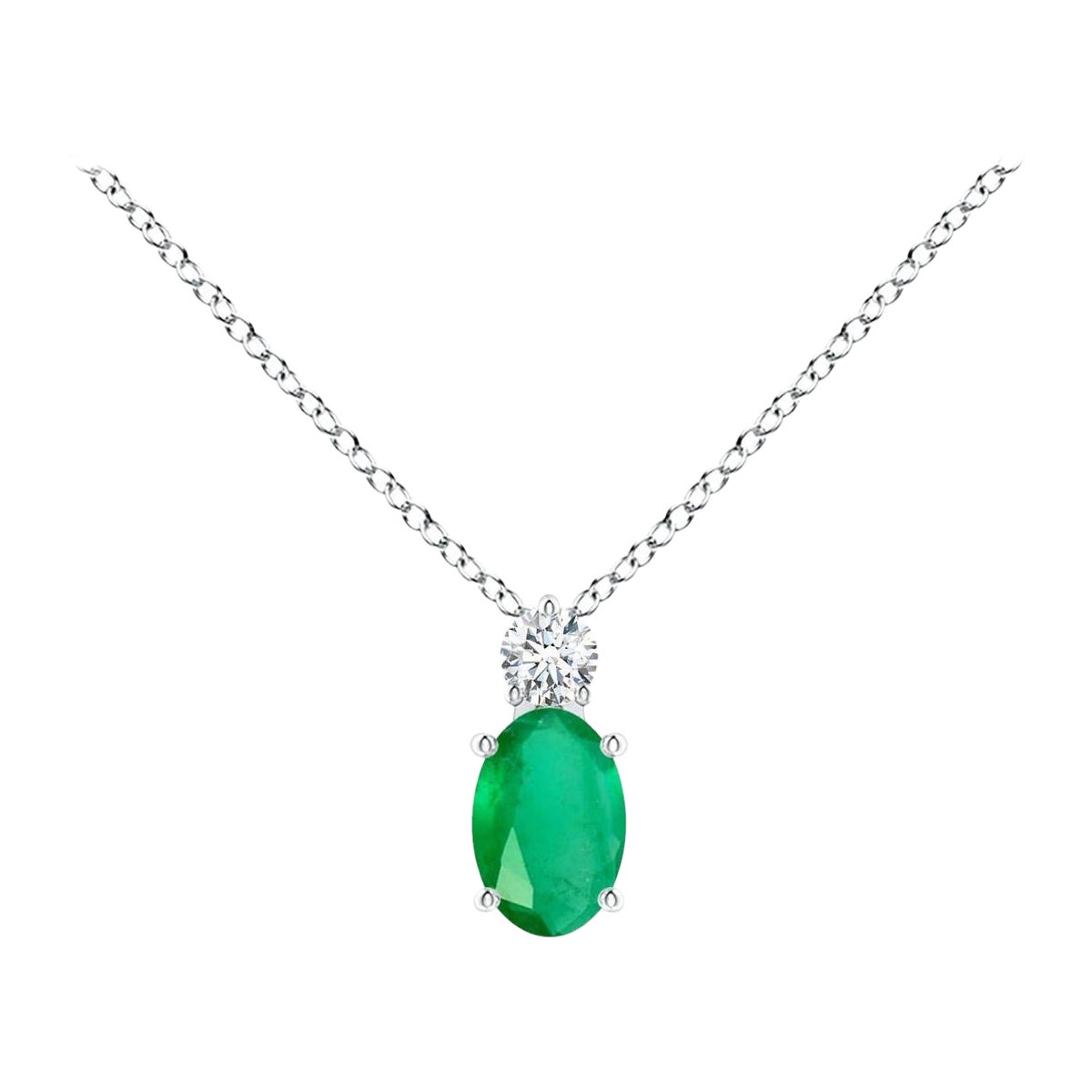 Pendentif solitaire d'émeraude ovale naturelle avec diamant en platine