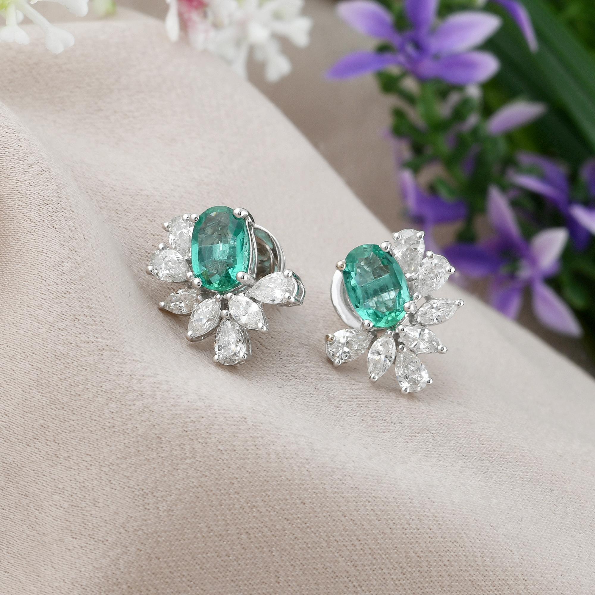 Modern Natural Oval Emerald Stud Earrings Marquise Pear Diamond 18 Karat White Gold For Sale