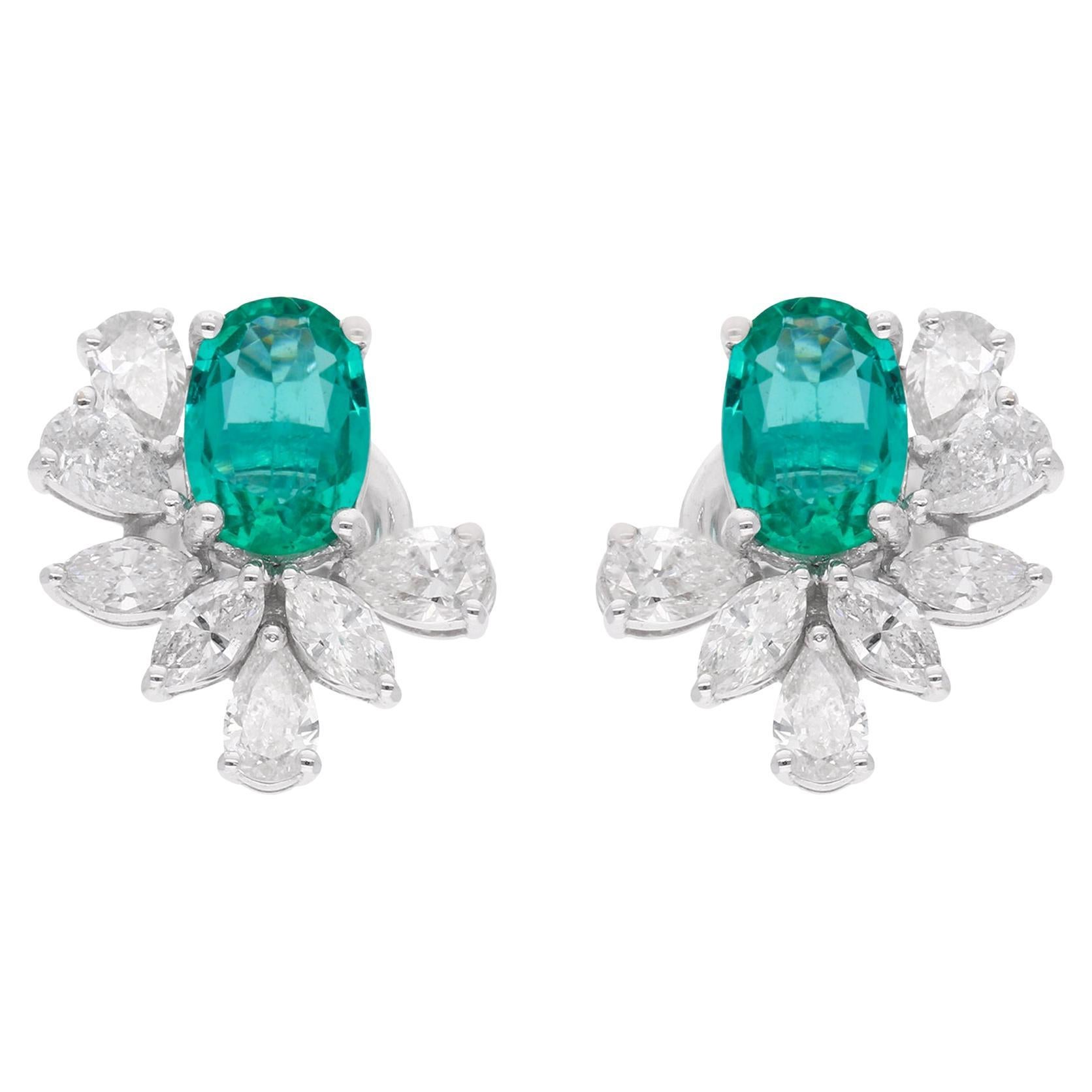 Natural Oval Emerald Stud Earrings Marquise Pear Diamond 18 Karat White Gold