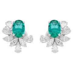 Natural Oval Emerald Stud Earrings Marquise Pear Diamond 18 Karat White Gold