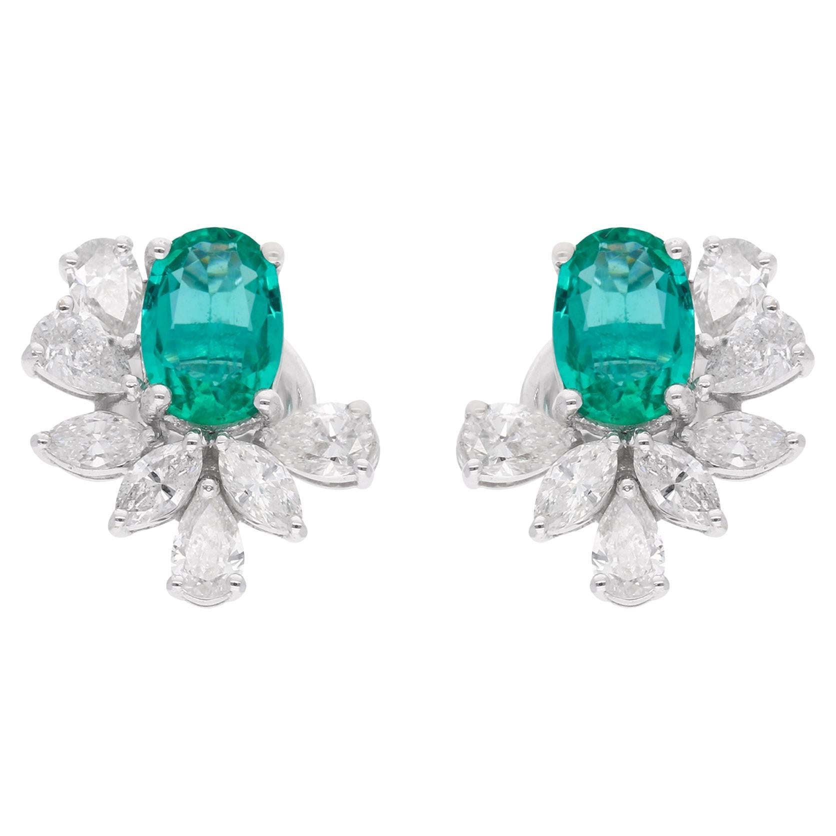 Natural Oval Emerald Stud Earrings Marquise Pear Diamond 18 Karat White Gold