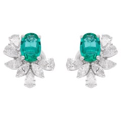 Natural Oval Emerald Stud Earrings Marquise Pear Diamond 18 Karat White Gold