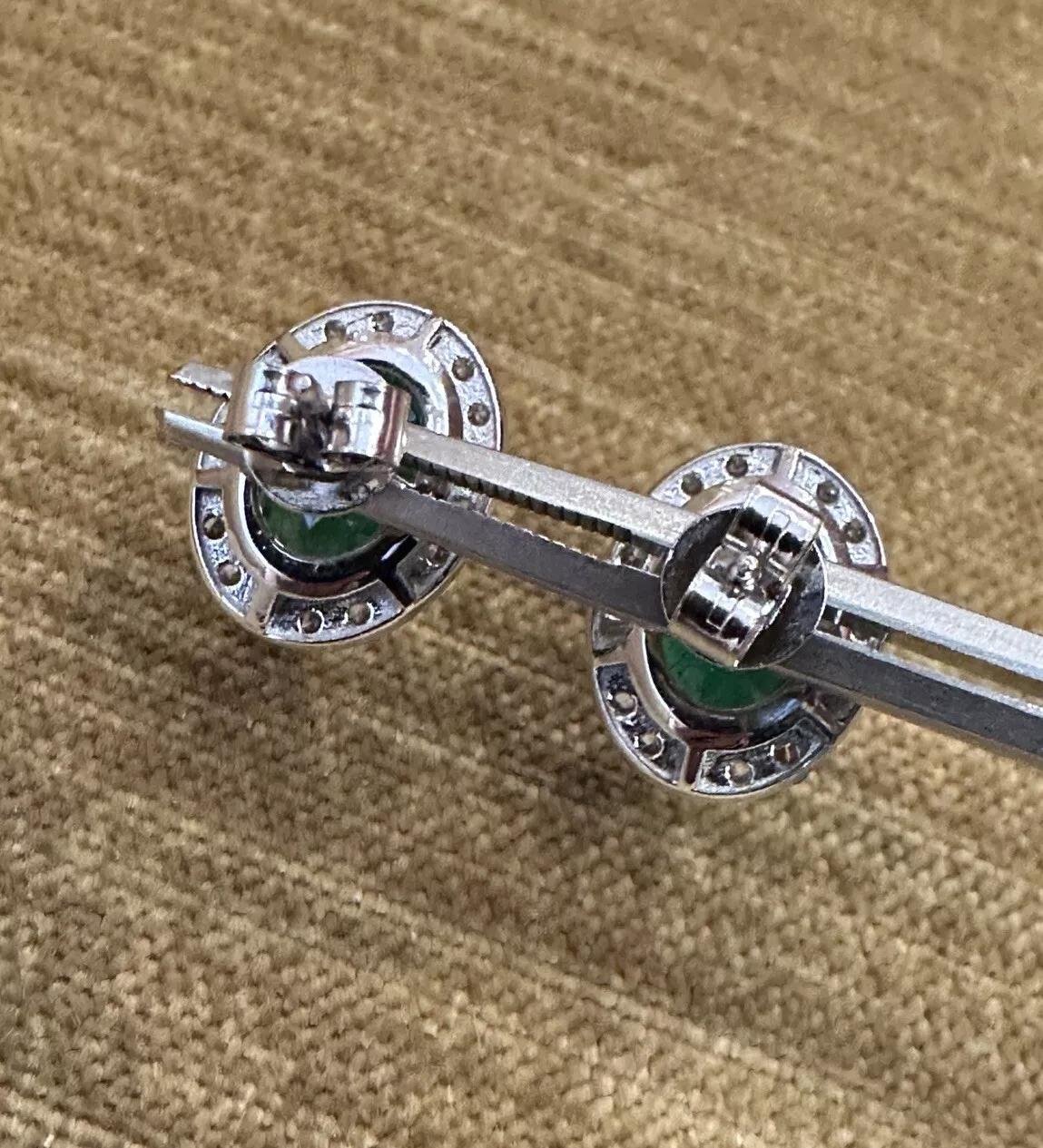 Oval Cut Natural Oval Emerald Stud Earrings with Diamond Halo in 14k White Gold For Sale