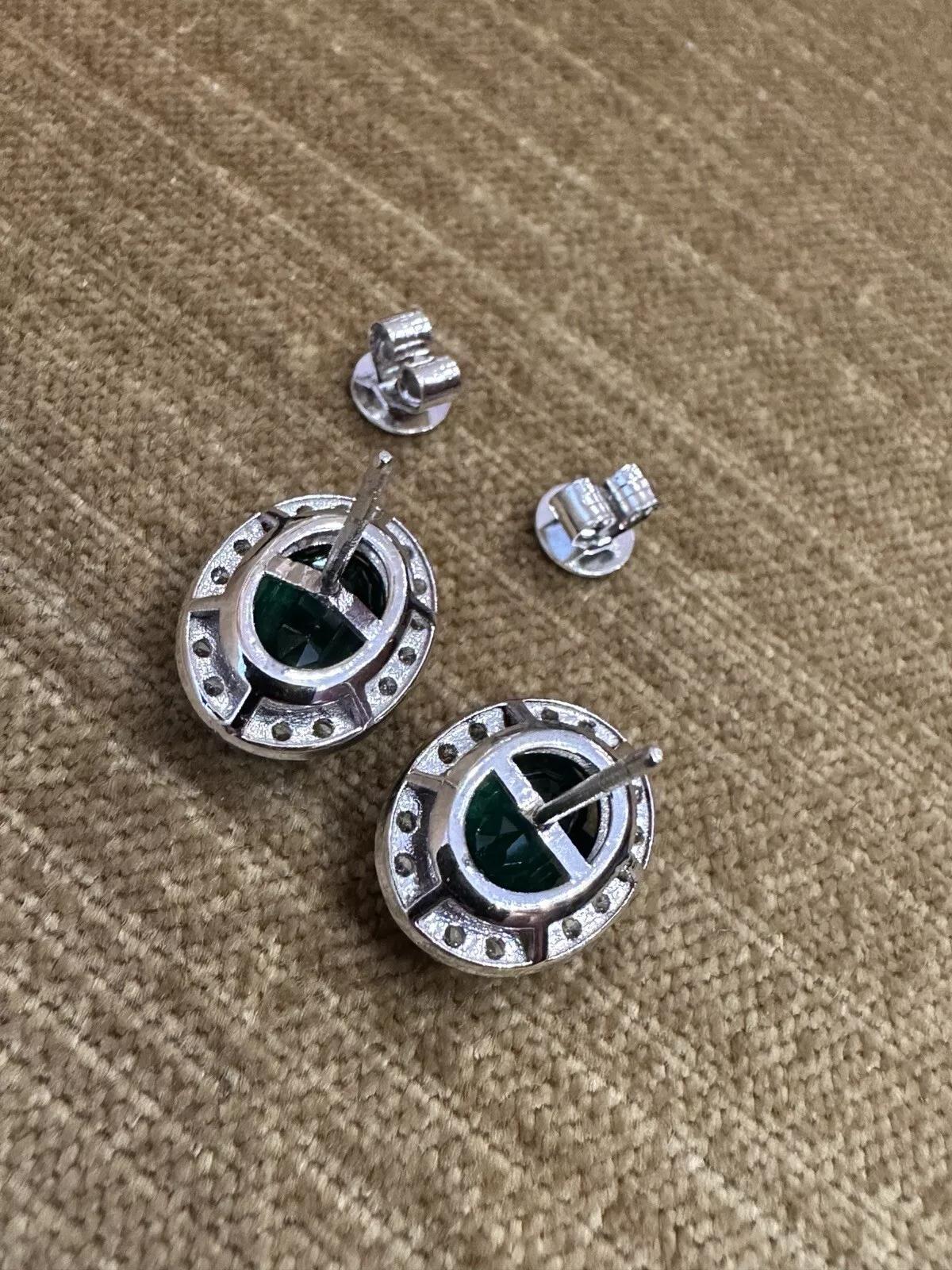 Women's Natural Oval Emerald Stud Earrings with Diamond Halo in 14k White Gold For Sale
