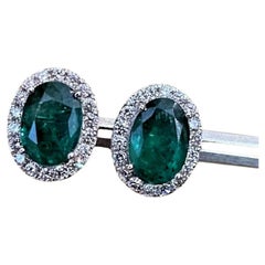 Natural Oval Emerald Stud Earrings with Diamond Halo in 14k White Gold