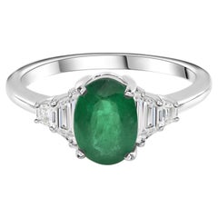 Natural Oval Emerald Three-Stone Diamond Ring 18 Karat White Gold