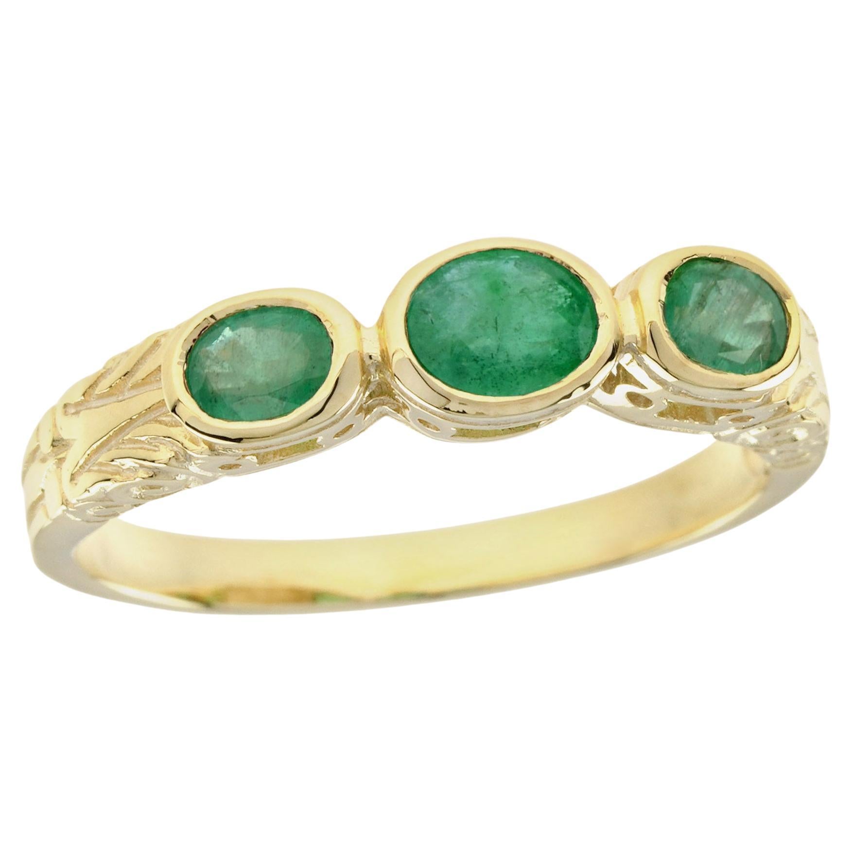 Natural Oval Emerald Vintage Style Three Stone Ring in Solid 9K Yellow Gold For Sale