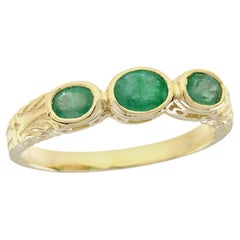 Natural Oval Emerald Vintage Style Three Stone Ring in Solid 9K Yellow Gold