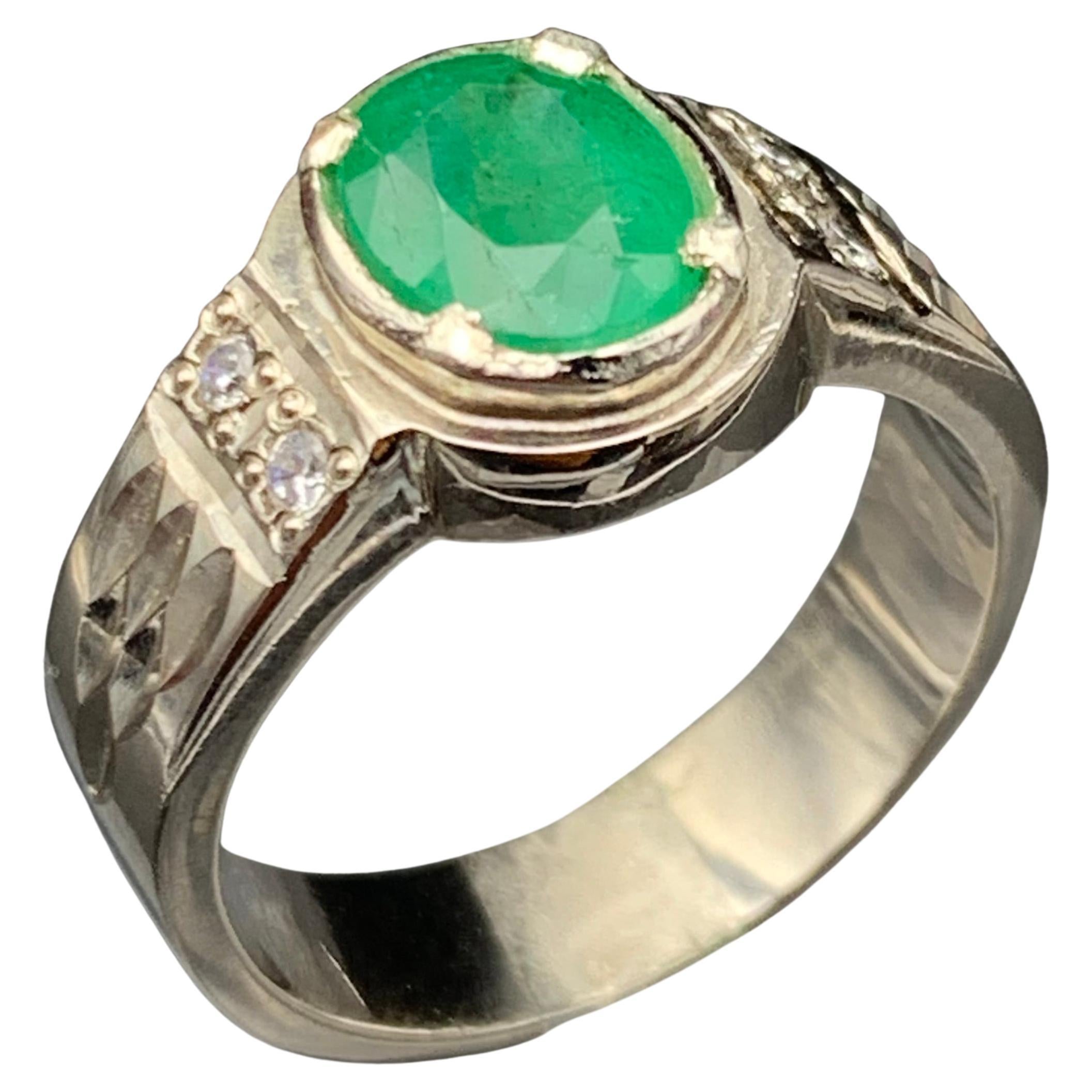 Natural Oval Green Emerald Ring in 925 Sterling Silver — Handmade Rhodium Plated