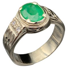 Natural Oval Green Emerald Ring in 925 Sterling Silver — Handmade Rhodium Plated