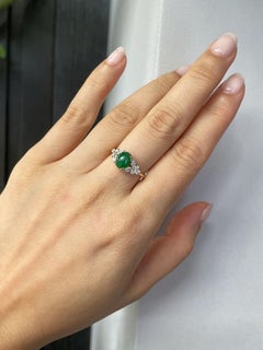 Natural Oval Green Jade and Diamond Ring in 18K Yellow Gold