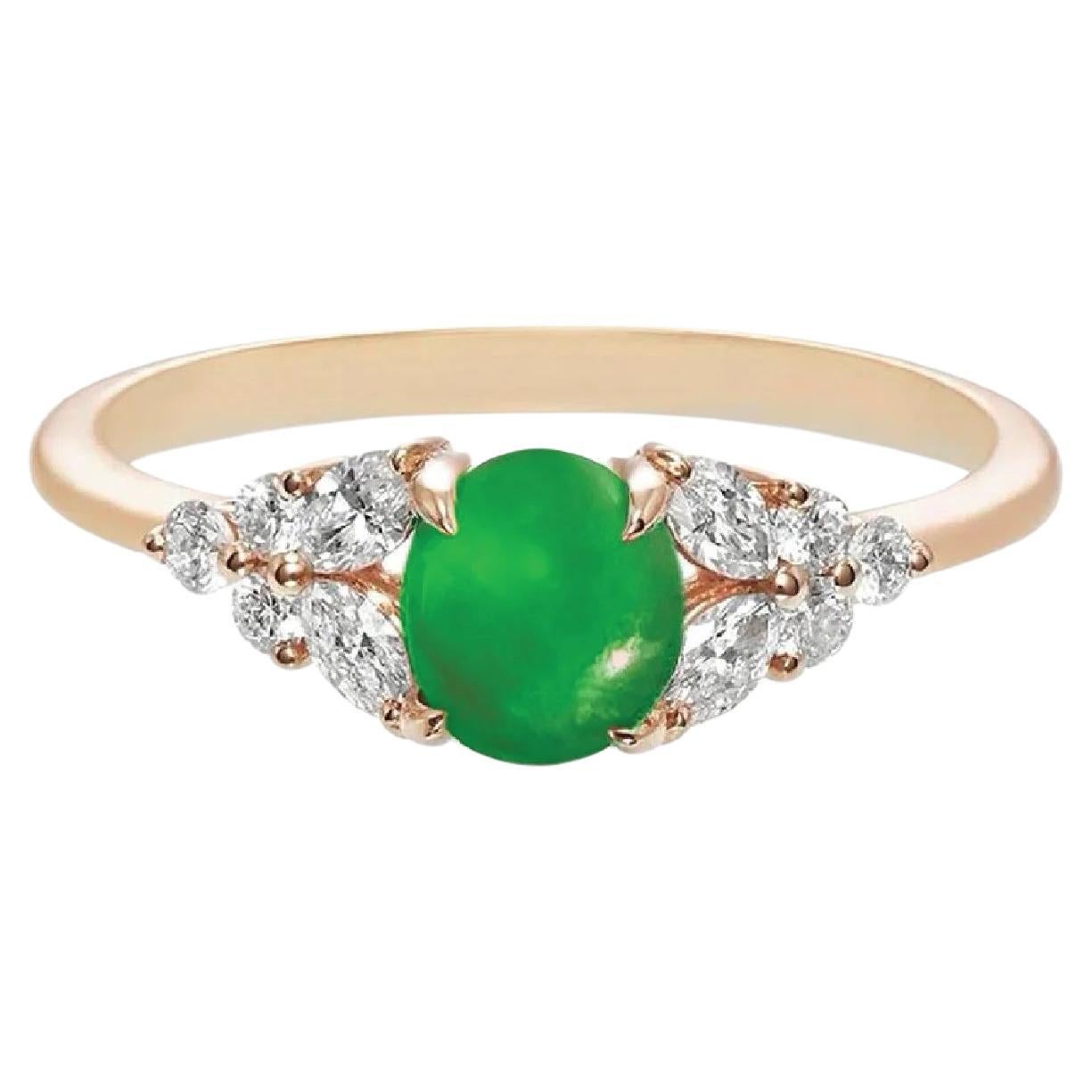 Bague en or jaune 18 carats en jade vert ovale naturel et diamant