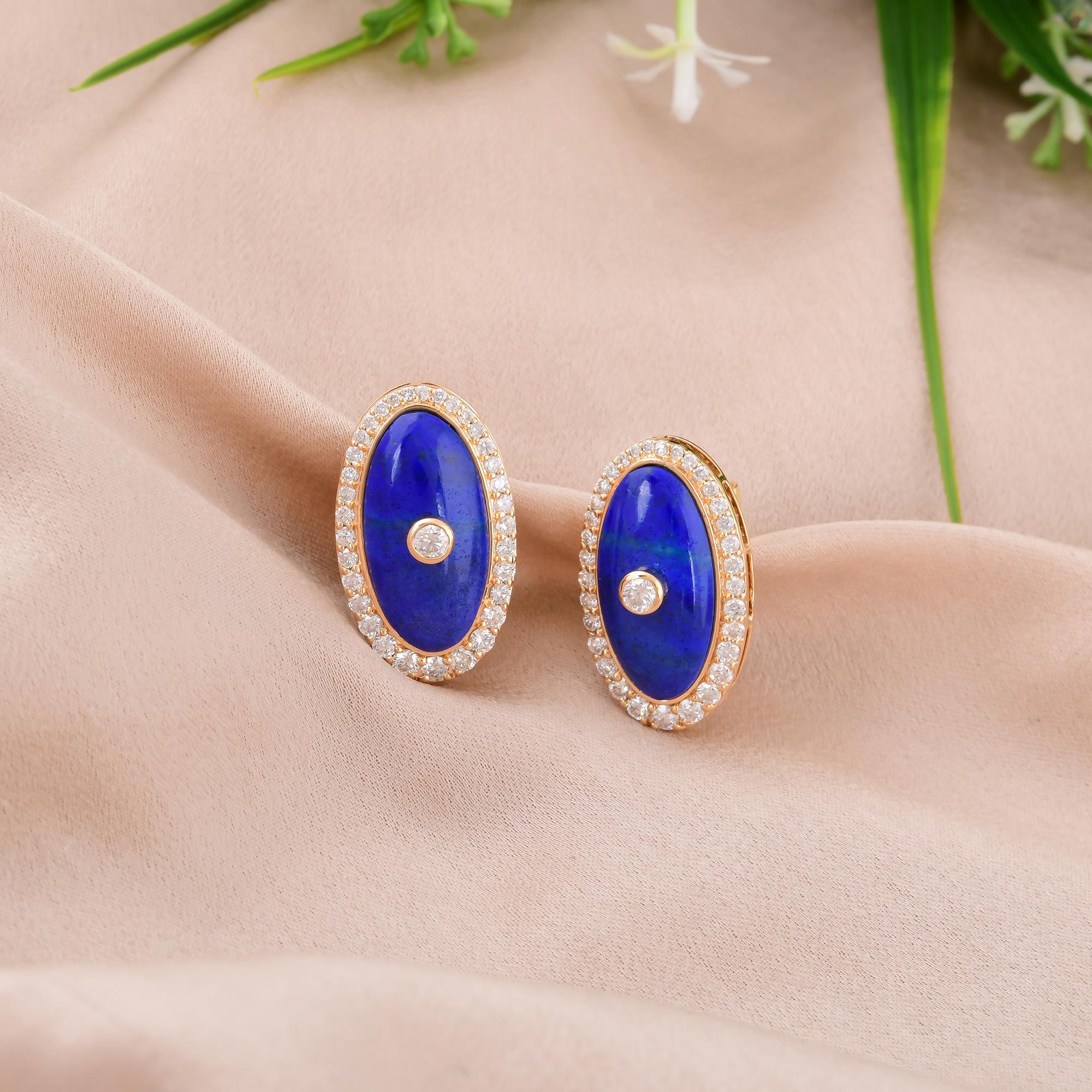 Natürliche ovale Lapis-Edelstein-Ohrringe SI/H Diamant 14 Karat Gelbgold-Schmuck (Moderne) im Angebot