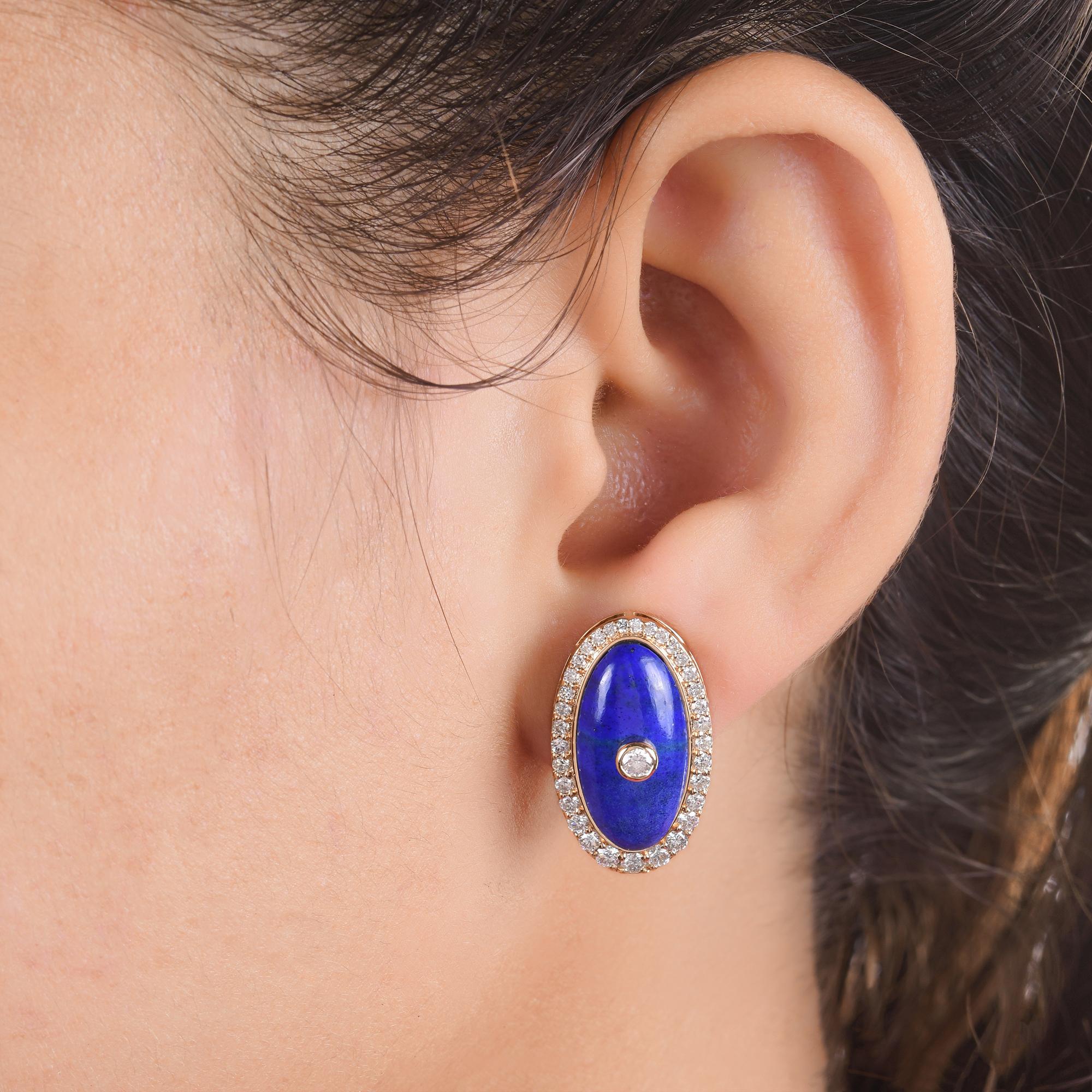 Natürliche ovale Lapis-Edelstein-Ohrringe SI/H Diamant 14 Karat Gelbgold-Schmuck (Ovalschliff) im Angebot