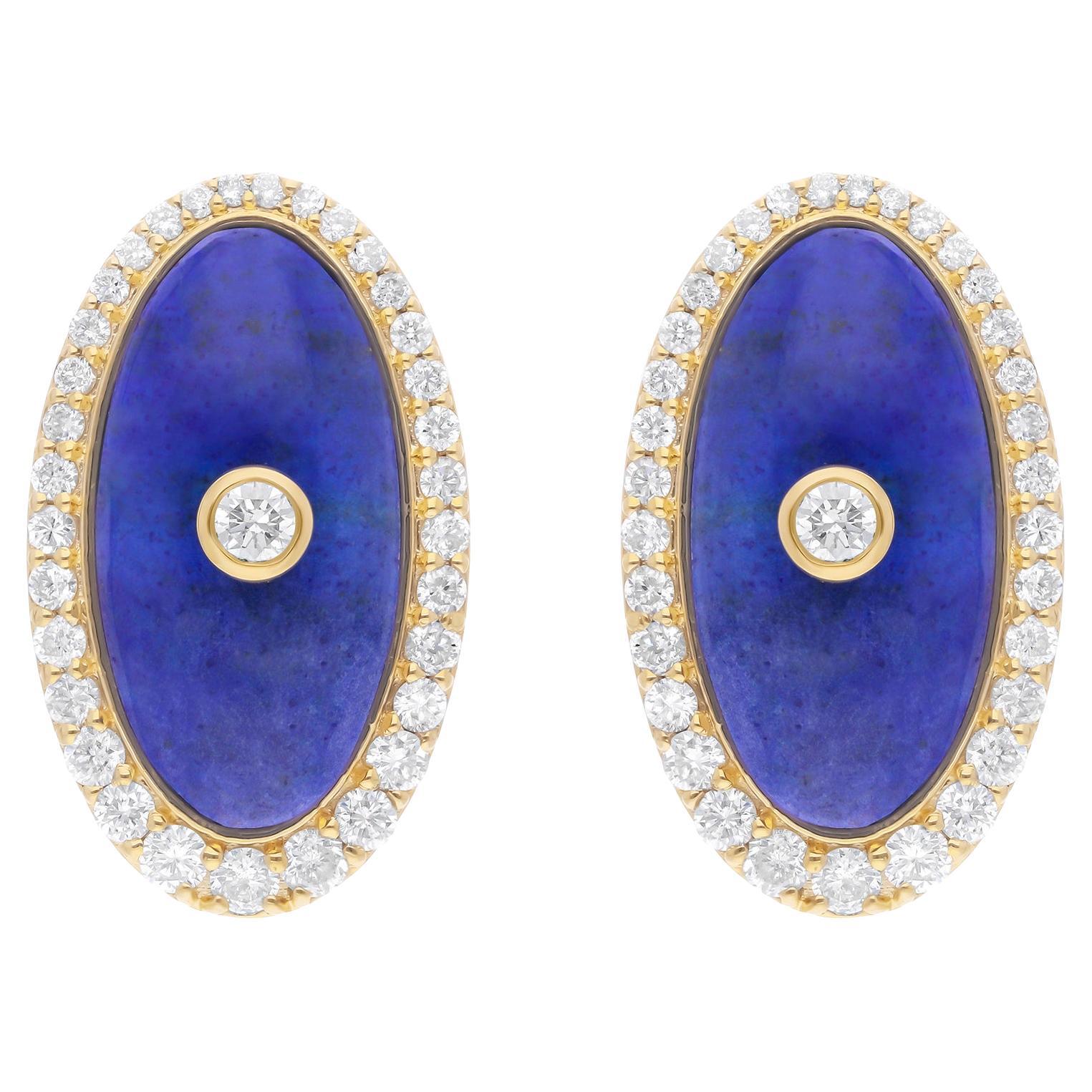 Pendientes de gema de lapislázuli natural oval SI/H Diamante Joyas de oro amarillo de 14 quilates