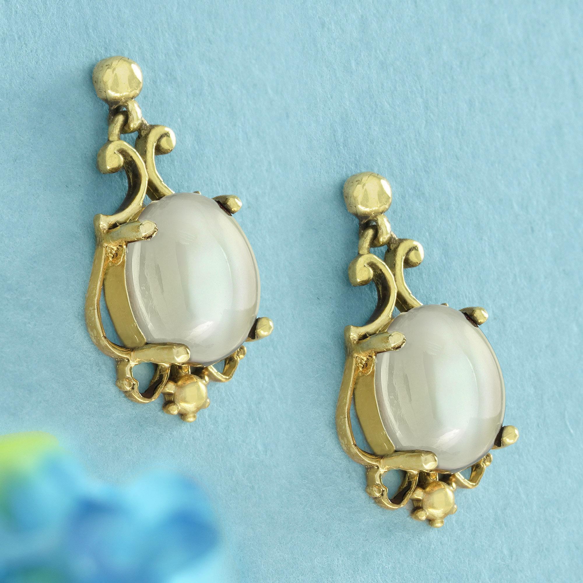 Edwardian Natural Oval Moonstone Vintage Style Drop Earrings in Solid 9K Yellow Gold For Sale